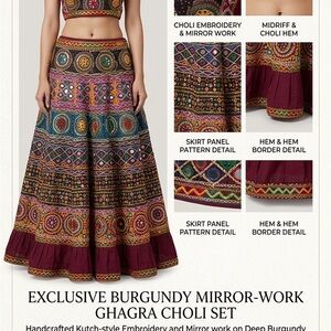 Burgundy Mirror-Work Ghagra Choli (Skirt, Top and Duappata)